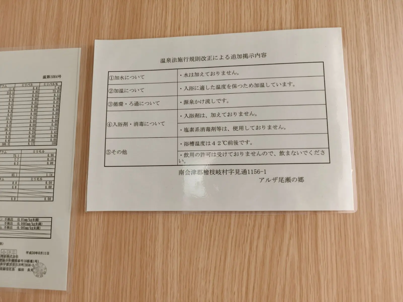 館内に掲示された、加水・加温・かけ流しなどの温泉利用についてのお知らせ