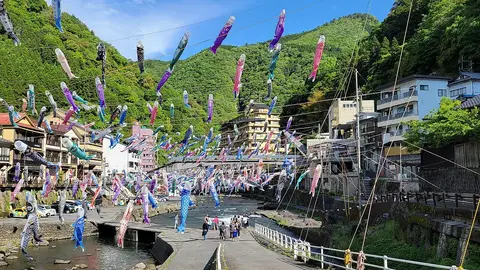 杖立温泉のこいのぼり祭りの様子（温泉街の景観）